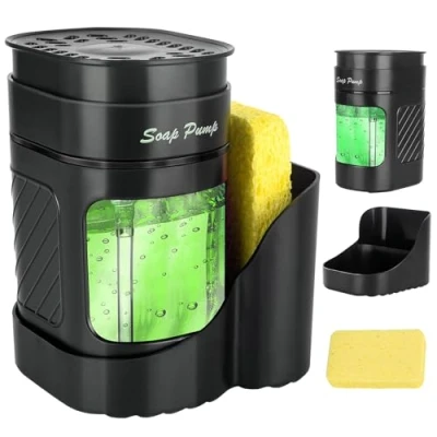Imagen de Jabonera Cocina Negro 3 en 1, Organizador de Fregadero con Bandeja y Soporte para Esponja, detergente Recargable，Dispensadores Bomba jabón Porta esponjas
