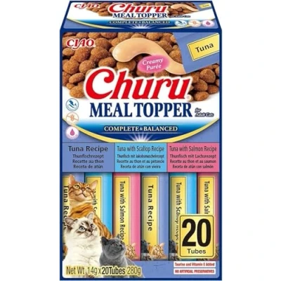 Imagen de INABA Churu Meal Topper, Snack Cremoso para Gatos en 3 Variedades de Atún 20 Sticks x 14gr Condimento Comida Seca Sin Conservantes