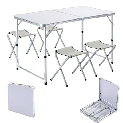 Imagen de KADAX Juego de muebles camping, mesa camping con sillas plegables, plegable 4 sillones, asiento ajustable en altura, plegable, multifunción para (plata y blanco)