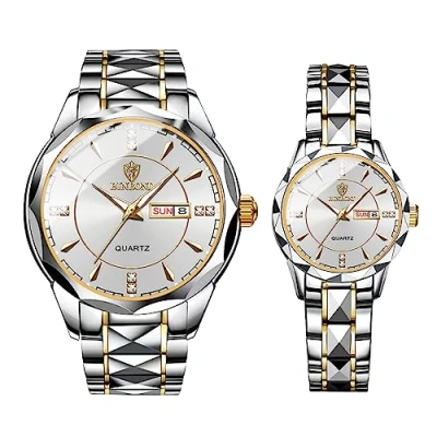 Imagen de JewelryWe Par de Relojes analógicos cuarzo calendario 30 m resistente al agua para parejas reloj Pulsera acero inoxidable hombre y mujer relojes, plata par,