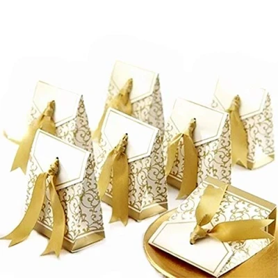 Imagen de JZK 50 x Cajas de regalo con cinta para fiesta boda cumpleaños navidad bautizo o comunión dulce bombones caramelos confeti, raya oro