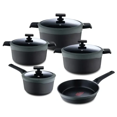 Imagen de MasterPro Gastro Reeco, Set Jumbo de 9 piezas, Sartén 24 cm, 3 Cacerolas 20, y 28 cm Cazo 16 con Tapa Aluminio Fundido Reciclado, Antiadherente, Indicador Temperatura