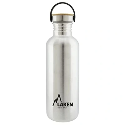 Imagen de LAKEN Botella Agua Acero Inoxidable con Tapón Bamboo y Boca Ancha, (1L Acero) Reutilizable, Ideal para Montaña, Camping, Deportes más
