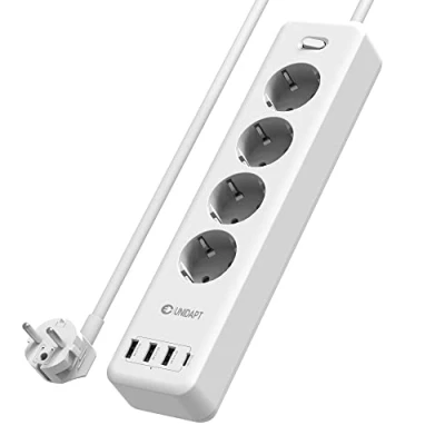 Imagen de Unidapt regleta de 4 enchufes para Montaje en Pared con Puertos USB Inteligentes 3,4A/17 W, Enchufe múltiple 2500 W/10A protección contra sobrecorriente, Interruptor y Cable 1,8m