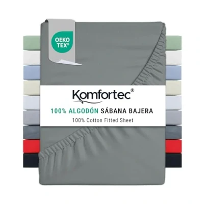 Imagen de Komfortec Sábana Bajera Ajustable de 140 x 200 cm, 100% algodón, Color Gris