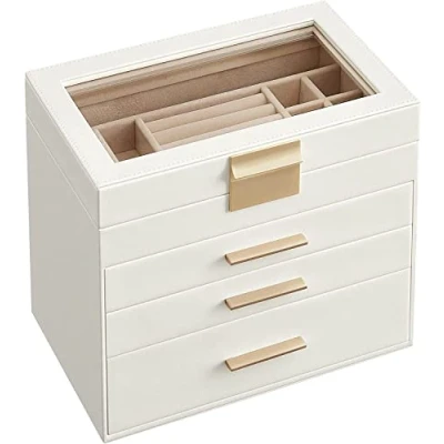 Imagen de SONGMICS Caja de Joyas, Joyero con 4 Niveles, Estuche para Joyería Tapa Cristal, 3 Cajones, Gafas Sol, Joyas Grandes, Moderno, Blanco Nube y Dorado JBC161W01