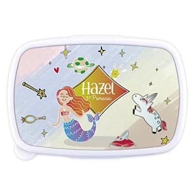 Imagen de LolaPix Fiambrera Niña Colegio. Infantil Personalizada. Caja merienda con Nombre y Curso. Apta para microondas Libre de BPA, filatos Metales Pesados. Varios diseños.Sirena