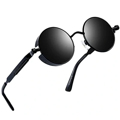 Imagen de Joopin Redondas Gafas de Sol Polarizadas Retro Vintage Círculo Metálico Hippie Steampunk para Hombres y Mujeres UV400 Negro