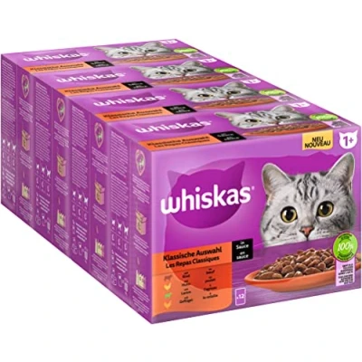 Imagen de Whiskas 1+ Comida húmeda para Gatos clásica selección en Salsa, 12 x 85 g (4 Paquetes) Adultos 48 Bolsas de porciones