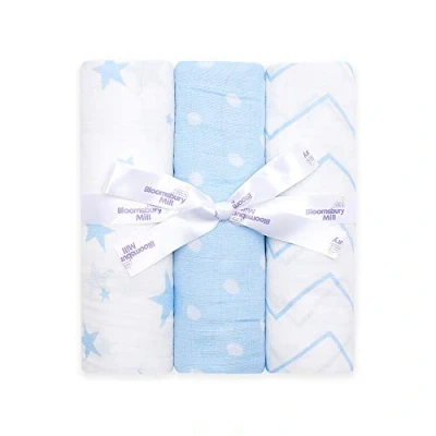 Imagen de Bloomsbury Mill Mantas de Muselina 100% Algodón Orgánico Puro Estampado Estrellas, Espiga y Lunares Azul Blanco 120 cm x Juego 3