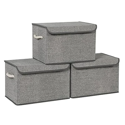 Imagen de SONGMICS Cajas Organizadoras Plegables, de Almacenamiento Tela, Juego 3 cajas, Cubos con Tapa, Asas Algodón, Patrón Lino, Gris RFB013G02
