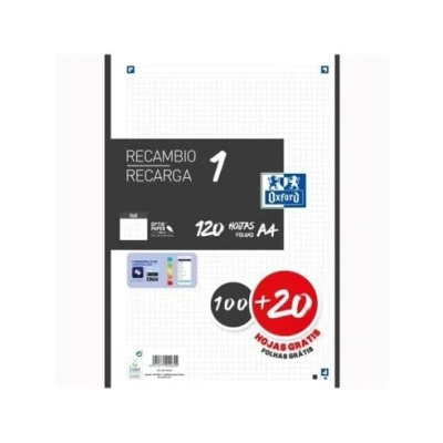 Imagen de Oxford Recambio 100H + 20H Gratis 4 Taladros A4 90Gr 5X5 1 Banda Negro