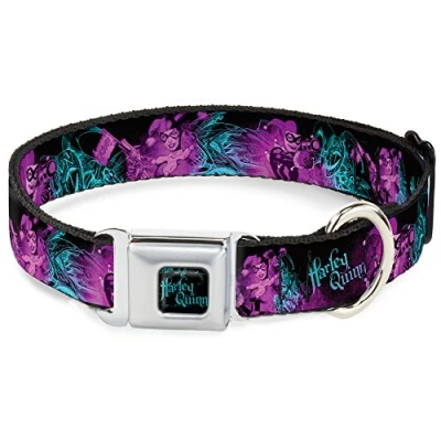 Imagen de Buckle Down Collar de Perro Hebilla cinturón Seguridad Harley Quinn Pow apuntando Poses Joker Negro Turquesa Fucsia 15 a 26 Pulgadas 1.0 Ancho, Multicolor (DC WJK047 L)