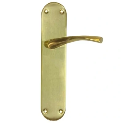 Imagen de MICEL 07078 Juego de manilla para puerta con placa acero ancha y maneta aluminio, Acabado en latón satinado, Color dorado, 280 x 145 70 mm