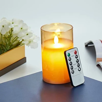 Imagen de Velas LED, Parpadeante Sin Llama, Funciona Con pilas Vidrio, Vela LED Temporizador Mando a Distancia, Real Cera, y Regulable, Para Dormitorio Comedor Fiesta 12.5cm Marrón