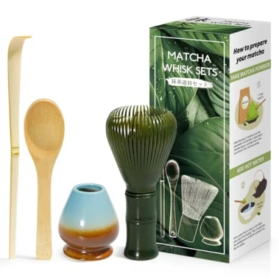 Imagen de Juego de 4 piezas matcha ceremonia japonesa, verde batidor resinoso, cuchara bambú, pala portabatidor, caja para la del té, bebida Azul café degradado