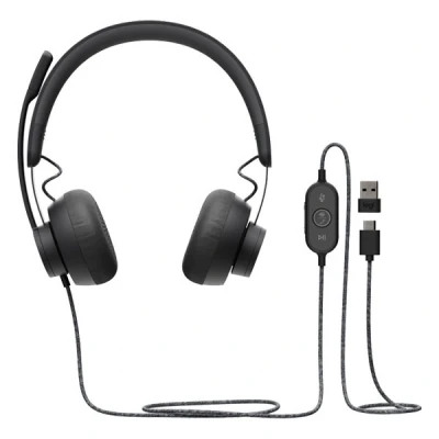 Imagen de Logitech ZONE WIRED Headset Auricular profesional con micrófono cancelador de prestaciones superiores, conexión por cable conector USB A y C, audio alta fidelidad, Certificado UC Grafito