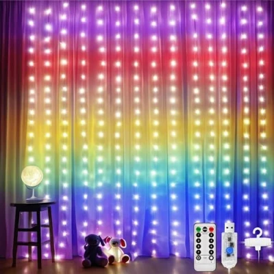 Imagen de DazSpirit Luces de Cadena Cortina, 210 LED Cortina Luz USB con Mando a Distancia 8 Modos Luz, Resistente al aguapara para Decoración Navidad Fiestas (iridiscente)