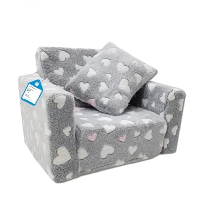 Imagen de Sillón infantil de relax, minisillón con diseño corazones, color gris, blanco y rosa fucsia