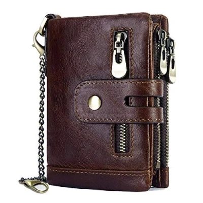 Imagen de Cartera Hombre Monedero de Cuero con RFID Bloqueo Billetera Piel y Cremallera, Billeteras Bifold, 16 Ranuras para Tarjetas Carteras Cadena (café)
