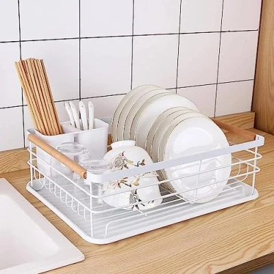 Imagen de JUPPLIES Escurreplatos de Acero Inoxidable con Soporte para Utensilios Extraible, Portavasos y Estante Gran Capacidad Escurridor Platos Bandeja Goteo 43x31x14cm (Blanco)