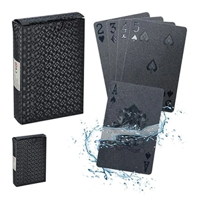 Imagen de Relaxdays Wasserfeste Pokerkarten 2 Decks Set Cartas de Póker, Impermeables, Barajas 54 Naipes, Plástico, con Joker, Juego Póquer, Negro, Aluminio, 9 x 6 cm