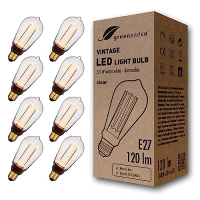 Imagen de 8x greenandco Bombilla LED regulable decorativa estilo vintage E27 ST64 3,5W 120lm 1800K 320 230V, claro, sin parpadeo