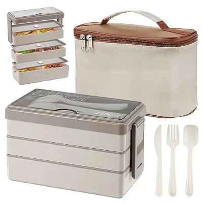 Imagen de Yirochan lonchera Bento de 1500 ml con bolsa, 3 capas juego cubiertos, caja 4 en 1 para preparación comidas bolsa aislada estudiantes, adultos, oficina, microondas y