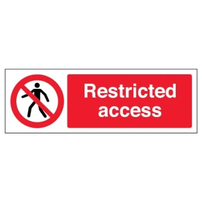 Imagen de Señalamiento obligatorio acceso restringido VSafety Signs 67141AX S, texto en inglés, señal autoadhesiva, 300 mm x 100 mm, rojo y negro.