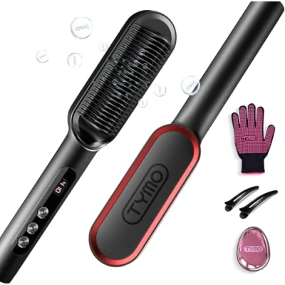 Imagen de TYMO Cepillo Alisador de Pelo, RING PLUS Plancha Ionico, 9 Temperaturas, 120C 210C, Pantalla LED, Anti Encrespamiento, Doble Voltaje, Hair Straightener Brush, Negro