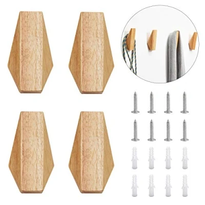 Imagen de INCREWAY Gancho de madera natural, 4 ganchos pared Burlywood duraderos, perchero para sombreros, toalleros, sala estar, baño (rombo)