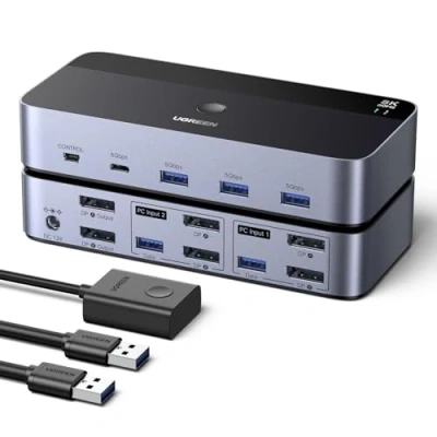 Imagen de UGREEN Switch KVM DisplayPort 2 Entradas Salidas 8K60Hz 4K240Hz Dos Monitores Conmutador con 4 Puertos USB 3A1C 5Gbps para Teclado, Ratón Disco Duro Controlador de Escritorio Cables Incluidos