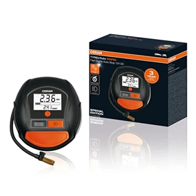 Imagen de OSRAM TYREinflate RAPID, compresor de aire digital 12V, portátil, auto parada, luz LED, programable, eléctrico para neumáticos, conexión infla neumáticos en 2 min