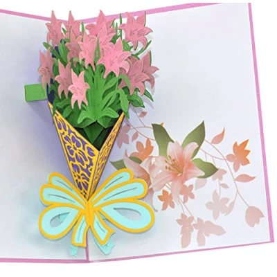 Imagen de Medigy 3d Pop Up Congratulations carte de voeux d&#039;un bouquet rose Lys pour les amateurs Saint Valentin,, Couple, Mariage, rendez vous Galant, anniversaire mariage