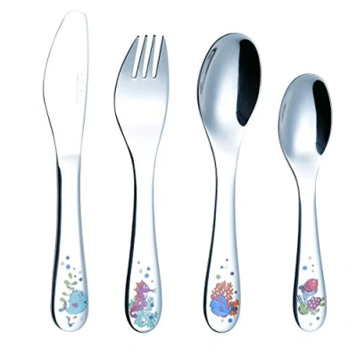 Imagen de Exzact Cubertería Infantil 4 Pieza para niños de Acero Inoxidable 1 x Cena Cuchillo, Tenedor, Cuchara, Cuchara pequeña Adorables Criaturas del Mar (Mar)