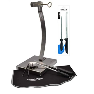 Imagen de jamonero VERTICAL INOXIDABLE flores cortes o soporte vertial de 50CM + Set Corte CUCHILLO Y CHAIRA ARCOS NIZA Cubre Jamon Negro valido para el hogar restauración LepantoHouse