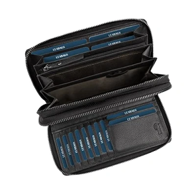 Imagen de LEABAGS Billetera de Cuero para Mujeres XXL con Doble Cremallera y Protección RFID Monedero Compartimento Monedas 29 Compartimentos Tarjetas 20 x 12 4 cm Napa Negro