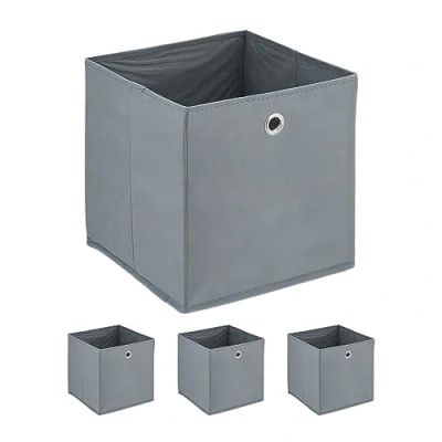 Imagen de Relaxdays Caja Cajas Almacenaje Plegables Estantería, Set de 4, 30 x cm, Cajones Tela con Asas, Cestos Abiertos, Gris, Hierro