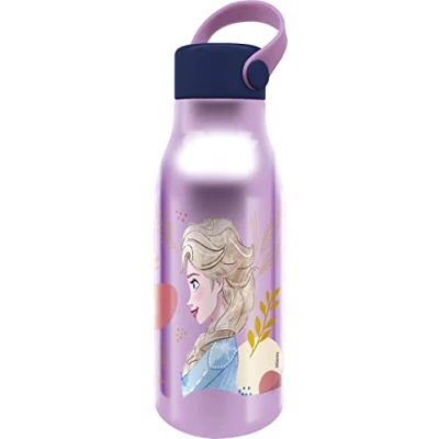 Imagen de STOR Botella Disney Frozen Elsa and Anna de 760 ml aluminio lila para niñas con tapón y asa silicona
