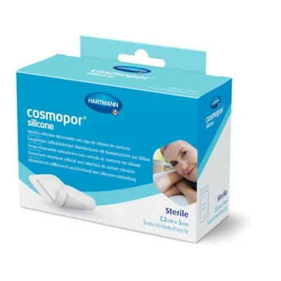 Imagen de Cosmopor Silicone: Apósito Estéril con Capa de Contacto Silicona; Retirada Indolora; 7,2x5cm; 5 Unidades