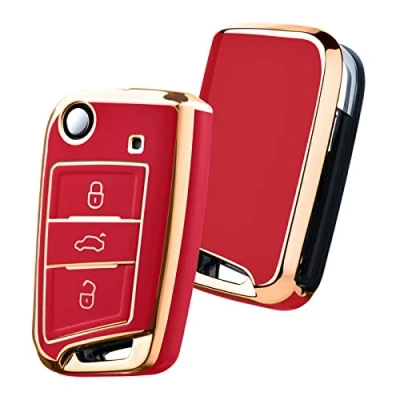Imagen de OATSBASF Funda para Llave de Coche VW, VW Golf 7, Caja Llaves Polo, Skoda, Tiguan, MK7 con 3 Botones (Borde Dorado Rojo)