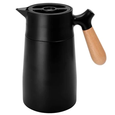 Imagen de Belle Vous Termo Negro para Cafe Jarra Termica Aislada al Vacio de 1,6 L Acero Inoxidable con Mango Madera Te Leche Mate Agua Caliente o Fría y Más