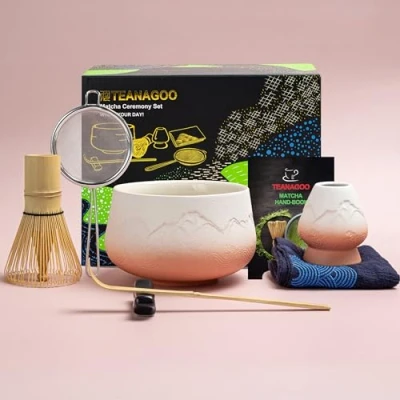Imagen de TEANAGOO Juego de Matcha Japonés (7 piezas) Batidor Kit Cuenco bambú (Chasen) Cuchara (chashaku) Soporte para batidor. N25, rosa degradado