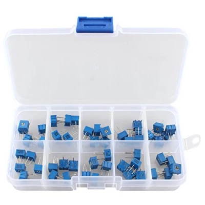 Imagen de HALJIA 50pcs 10 Valor 100 ohmios a 1 m ohm 3362 Resistencia Variable Trimmer potenciómetro de colores Kit con Plastci caja
