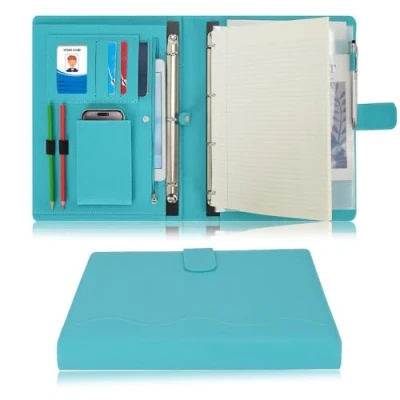 Imagen de Wonderpool A4 PU Cuero 4 Anillos Combo de Escritura Documentos Múltiples con Portapapeles Extraíble y Bolsillo Funcional para Organizador Oficina Viajes Escuela (Cian)