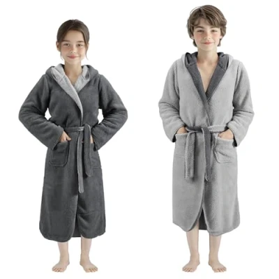 Imagen de HOMELEVEL Bata de invierno para niños Albornoz polar reversible niño y niña Batín extrasuave caliente casa Lavable a máquina