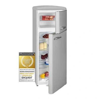 Imagen de Exquisit® Frigorífico Vertical Retro, 206L, Clase E, Color Gris, 2 Puertas, Estantes de Cristal, Cajón Verdulero, Altura Regulable, Ruedas Traseras, Consumo 180 kWh/año, Medidas 146,5x54,5x57,5 Cm.