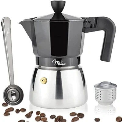 Imagen de Milu Cafetera Italiana inducción 3, 6, 9 tazas Moka de Aluminio, Expresso Maker Set comprensivo di sottobicchiere, cucchiaio, spazzola (Negro, 3 (150ml)