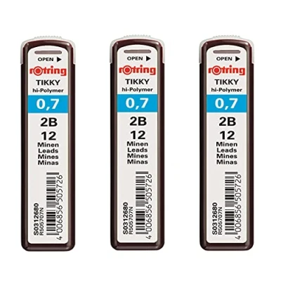 Imagen de Rotring Tikky Recambios de minas para portaminas 0,7 mm, 2B, alto polímero, color oscuro, 36 en total, paquete 3 tubos
