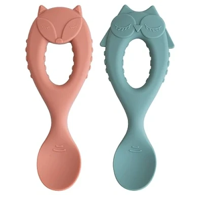 Imagen de Juego de Cucharas silicona Tidy Tot. Pack 2 destete. destete con mango fácil agarre. Paquete 2. diseño búho y zorro